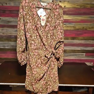 Entro Brown and Pink Floral Wrap Dress